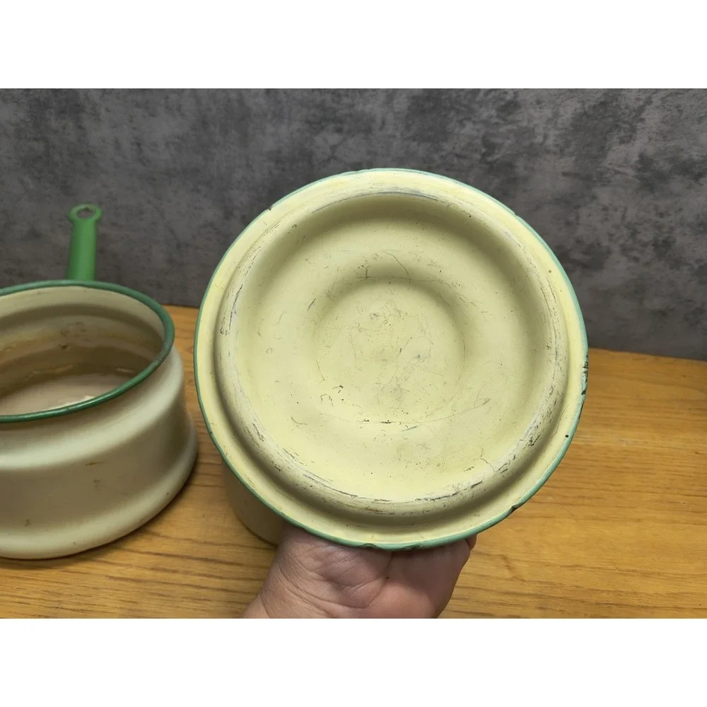 Vintage Enamelware Double‎ Boiler Cream Green Trim Circa 1930's - 40's Lid 3 Pcs
